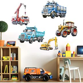 Car Wall Stickers for Boys Bedroom: Baby Nursery Playroom Wall Decals - Peel and Stick Kids Truck Construction Tractor Vehicle