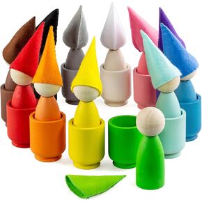 Ulanik Large Peg Dolls in Cups with Hats Toddler Montessori Toys for 3 Year Old + Wooden Waldorf Dolls for Learning Color Sorting and Counting — 12 Gnomes