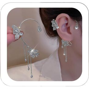 YRlilicc 2PCS Glitter Rhinestone Long Tassels Dangle Ear Cuff Vintage Non-Piercing Fake Earrings Bridal Wedding Climber Ear Wrap Prom Ball Jewelry for Women Girls