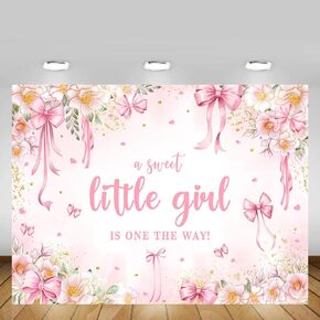 MEHOFOND Pink Bow Girls Baby Shower Background Floral A Sweet Little Girl is on The Way Girl Baby Shower Decorations with Bow Sprinkle Newborn Baby Shower Party Supplies Photo Booth Props 7x5ft