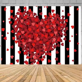 Red Hearts Backdrop for Wedding Anniversary, 9x6FT, Black White Striped Background,Romantic Patry Banner Photo Booth Props HXLU083