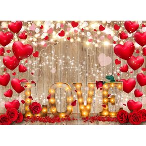 LYCGS 7X5ft Valentine's Day Backdrop Red Love Heart Valentine's Day Backdrop Rustic Wood Photography Backdrops Valentine's Day Theme Background Valentine's Day Party Decoration Banner X-190