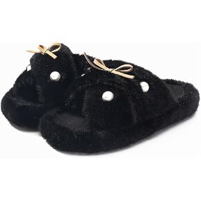 Women's Fuzzy Slippers Cross Band Memory Foam Fuzzy House Slippers Indoor and Outdoor Open Toe Anti-Skid Arch Support