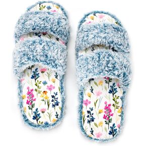 Fuzzy Memory Foam Slippers for Women Open Toe Double-Strap Indoor Outdoor Plush House Slippers Non-Slip Machine Washable