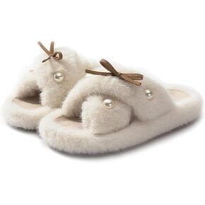 Women's Fuzzy Slippers Cross Band Memory Foam Fuzzy House Slippers Indoor and Outdoor Open Toe Anti-Skid Arch Support