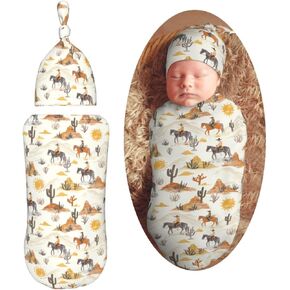 Western Cowboys Horses Newborn Swaddle Blankets Hat Sets Soft Baby Receiving Blanket Swaddle Sack for Baby Shower Infant Boy Girl Gift