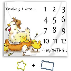 Hen Baby Monthly Milestone Blanket, 48x40in Farm Chicken Soft Flannel for Nursery Unisex Newborn Baby Shower, Growth Chart Photography Blanket