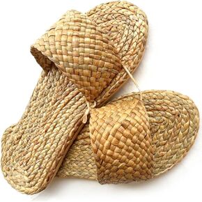 Braided Straw Sandals Woven Slippers Thai Handmade Hand Woven eco Friendly Boho Style Beige