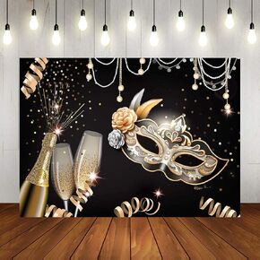 Masquerade Party Backdrops Retro Gold Black Mask Carnival Birthday Photography Backdrop 7x5ft Vinyl Fiesta Mardi Gras Dance Photo Background Champagne Glass Photo Booths Props Decorations