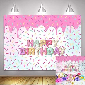 7x5FT Donut Theme Backdrop Donut Girl Birthday Party Decorations Grow Up Baby Shower Bright Confetti Sprinkle Photo Background Pink Cake Table Banner