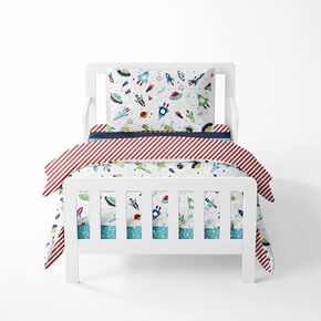 Bacati - Space Multicolor Boys Cotton 4 pc Toddler Bedding Set 100 Percent Cotton Includes Reversible Comforter, Fitted Sheet, Top Sheet, and Pillow Case for Boys