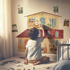 Large Watercolor Retro Yellow Color Doll House Wall Decals Peel and Stick, Play House Wall Stickers Dollhouse Furniture Set Wall Art Decor Decal for Kids Bedroom Playroom Nursery Room
