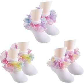 Toddler Girls Double Lace Socks Girls Ruffle Socks Rainbow Socks Turn Cuff Shimmering Big Ruffle Dress Lace Socks
