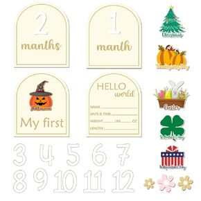 Baby Milestone Months Signs Cards Sets, Wooden Monthly Baby Milestone Cards Holiday Newborn Milestone Baby Announcement Baby Months Signs, Baby Monthly Milestone for Newborn Photography Props