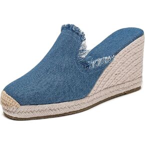 U-lite Peep Toe Platform Wedge Sandals for Women, Breathable Ankle-Tie Microfiber Leather Insole Espadrilles Shoes Blue 9