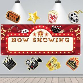 9 Pieces Movie Night Party Decorations Kit, Now Showing Fabric Banner Backdrop + Movie Theme Party Cards, Red Carpet Backgrounds Photo Booth Backdrop Theater Film Backdrop Party Poster