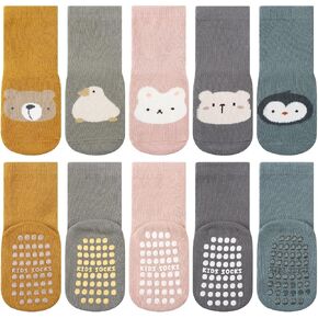 Jspupifip 5 Pair Baby Socks with Grips, Toddler Non Slip Socks Toddler Socks Kids Crew Socks for Girls Boys