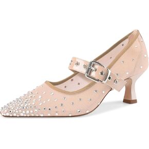 Women's Mesh Pointed Toe Pumps - Rhinestone Embellishments, Adjustable Buckle Strap, Kitten Heel, Bridal & Party Shoes