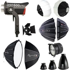 Aputure LS600D PRO Daylight LED Light (V-Mount) Bundle with Light Dome 150, F10 Fresnel, Light Dome III Softbox, Reflector Kit, F10 Barndoors, Lantern, and Softboxes (10 Items)