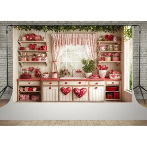 Kate 7x5ft Happy Valentine's Day Wedding Lover Photography Backdrops Kitchen White Wall Red Sweetheart Patterns Tableware Decoration Kitchen Baby Children Photo Background