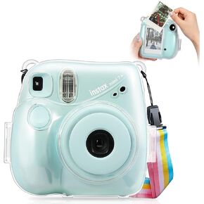 FINTIE Protective Clear Case for Fujifilm Instax Mini 7+ Instant Film Camera - Crystal Hard Shell Cover with Removable Rainbow Shoulder Strap