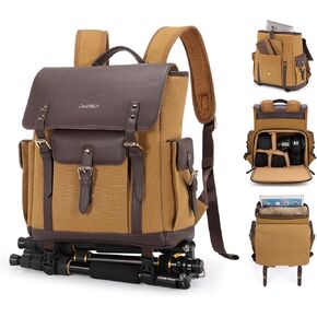 Cwatcun Camera Backpack, DSLR SLR Backpacks Camera Bag with 13"laptop sleeve compartment and Tripod Holder for Photographers -Vintage Canvas& leather Style-Upper and lower Compartment Design(Khaki)