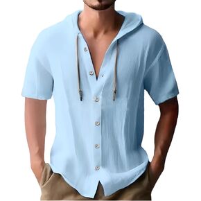 Linen Shirts for Men Casual Button Shirts Summer Cotton Linen Hoodie Beach Long Sleeve Shirts Top with Hood