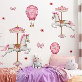 3D Dreamy Carousel Wall Decals 2 Pink Carousels Bow Ties Wall Stickers DIY Peel and Stick Watercolor Hot Air Balloon Flowers Wall Decor for Baby Girls Bedroom Living Room Nursery Decoration