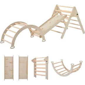 Pikler Triangle Set, Foldable Climbing Play Gym with Arch, Ramp, and Climbing Triangle, Wodden Toddler Climbing Toys Indoor, Montessori Learning Toy for Kids 2-12 Years