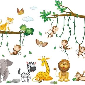 Jungle Animal Tree Wall Stickers Cute Cartoon Animal Wall Elephants Lions Monkeys Giraffes Wall Stickers Baby Nursery Day Care Room Wall Decoration
