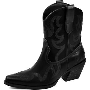 Wide Calf Cowgirl Ankle Boots Women Western Embroidered Ankle Boots Closed Pointed Toe Pull On Cowboy Ankle Booties Lady Retro Country Ankle Boots Size 7-10