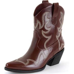 Wide Calf Cowgirl Ankle Boots Women Western Embroidered Ankle Boots Closed Pointed Toe Pull On Cowboy Ankle Booties Lady Retro Country Ankle Boots Size 7-10