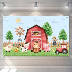 Watercolor Farm Birthday Decorations Backdrop Banner for Boys, Large Size 3 x 5Ft Barnyard Animal Backdrop Banner Baby Shower Party Supplies
