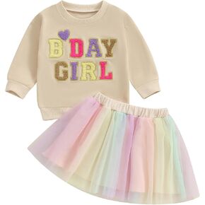 Toddler Baby Girl Birthday Outfit Letter Print Long Sleeve Shirt Top Tutu Skirt Set Little Girl Winter Clothes