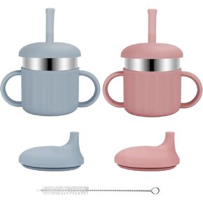 Baby Sippy Cups, 7.4 Oz Sippy Cups, 3 Stages Training Cup, Straw Cup for Infants Toddlers 6-12 Month and Kids 1-3 Year, Stainless Steel Kid Cups with Silicone Straws (Coral + Blue)