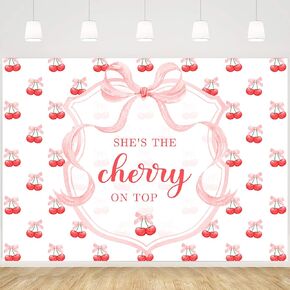 MEHOFOND 7x5ft She's The Cherry on Top Baby Shower Backdrop for Girl Cherry Theme Coquette Bridal Shower Decorations Pink Bow Party Decor Cherry Bride to Be Engagement Birthday Party Decor
