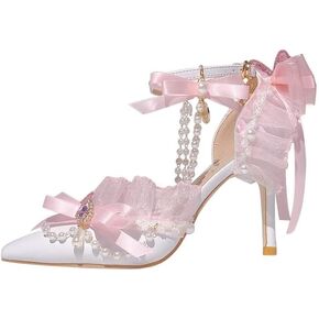 Lolita Pink lace Bow Rhinestone Bridal Wedding Shoes Sweet Pearl Tassel Wrist Strap Pointed high Heel Women's Shoes