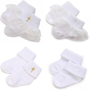 Baptism Socks for Baby Girls White Newborn Baby Girls Christening Socks with Cross & Frilly Lace 4PC