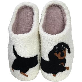 Women's Dachshund Dog Soft Sherpa Plush Slide Slippers, White
