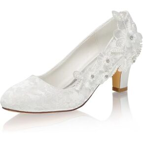 Emily Bridal 1505-1-8 Women's Wedding Shoes Closed Toe 2.56 Inches Chunky Heel Lace Satin Pumps with Rhinestone Lace Flower Bridal Shoes