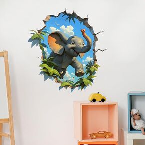 3D Cartoon Elephant Broken Wall Wall Stickers Nursery Animal Wall Decals for Kid Removable Peel and Stick Wall Art Home Decor Decoration for Classroom Preschool Living Room Bedroom Bathroom