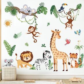 wondever Jungle Animals Tropical Leaves Wall Stickers Safari Lion Giraffe Monkey Peel and Stick Wall Art Decals for Baby Nursery Kids Bedroom Living Room