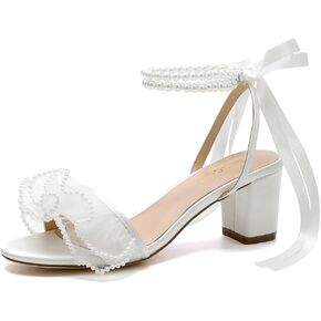 Pearl Heels Wedding Shoes for Bride Block Heel Wedding Sandals Open Toe Bridal Shoes