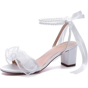 Pearl Heels Wedding Shoes for Bride Block Heel Wedding Sandals Open Toe Bridal Shoes