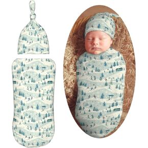 Winter Skiers Snowflakes Newborn Swaddle Blankets Hat Sets Soft Baby Receiving Blanket Swaddle Sack for Baby Shower Infant Boy Girl Gift