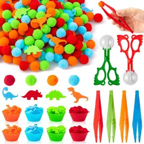 Dinosaur Sensory Bin Fillers - 295Pcs Dinosaurs Fine Motor Toys Color Counting Sorting Set for Kids Early Education, Color Matching Toys with Felt Pom Poms Cup Clip for Preschool Training