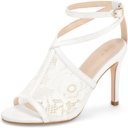 Perphy Floral Lace Open Toe Ankle Strap Stiletto Heel Sandals for Women in Kuwait
