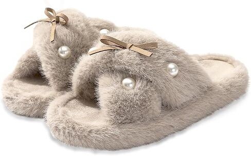 Women's Fuzzy Slippers Cross Band Memory Foam Fuzzy House Slippers Indoor and Outdoor Open Toe Anti-Skid Arch Support in Saudi Arabia