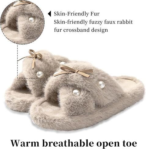 Women's Fuzzy Slippers Cross Band Memory Foam Fuzzy House Slippers Indoor and Outdoor Open Toe Anti-Skid Arch Support in Saudi Arabia
