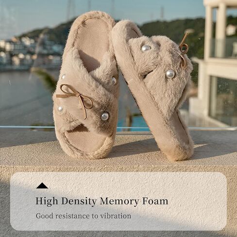 Women's Fuzzy Slippers Cross Band Memory Foam Fuzzy House Slippers Indoor and Outdoor Open Toe Anti-Skid Arch Support in Saudi Arabia